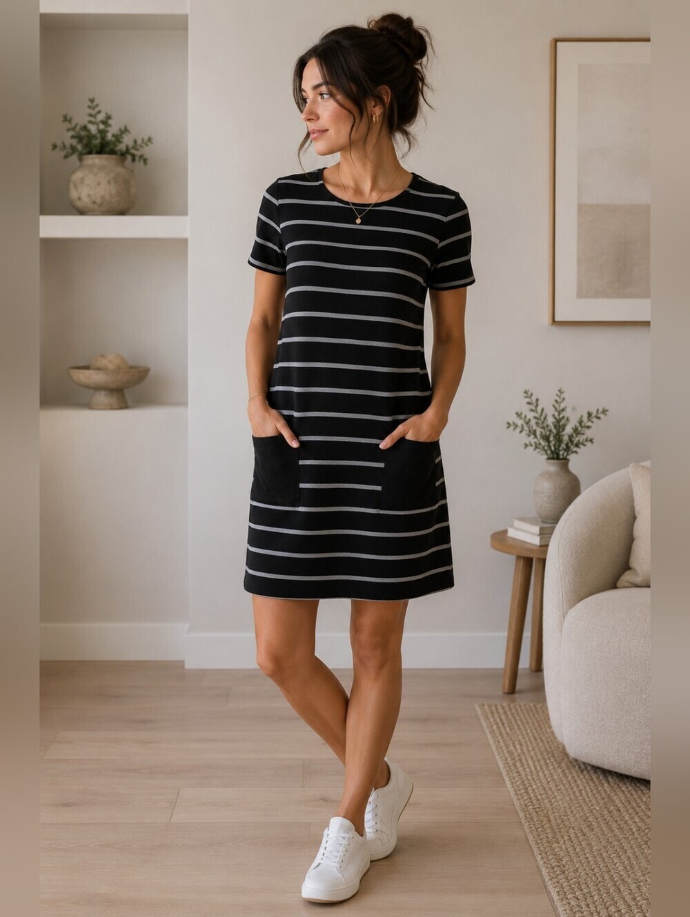 GAP Black Gray Striped T-Shirt Dress S Stretch Knit Pockets Career Casual